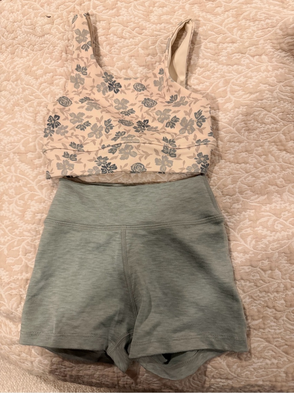 Rylee & Cru Floral Cream & Blue Crop Tank with Sage Green High-Waist Shorts